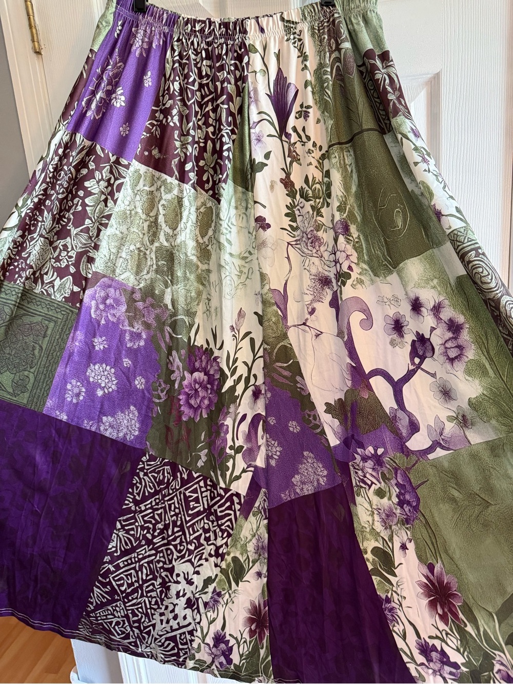 Bohemian Patchwork Floral Midi Skirt in Purple and Green